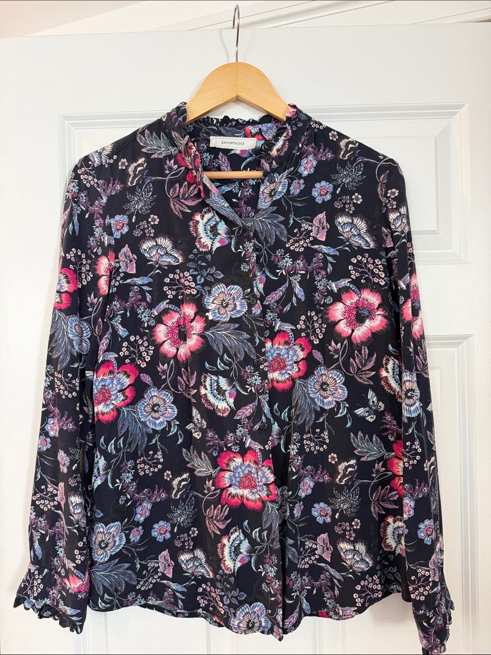 Promod Navy Floral Ruffle-Neck Blouse with Pink and Blue Accents